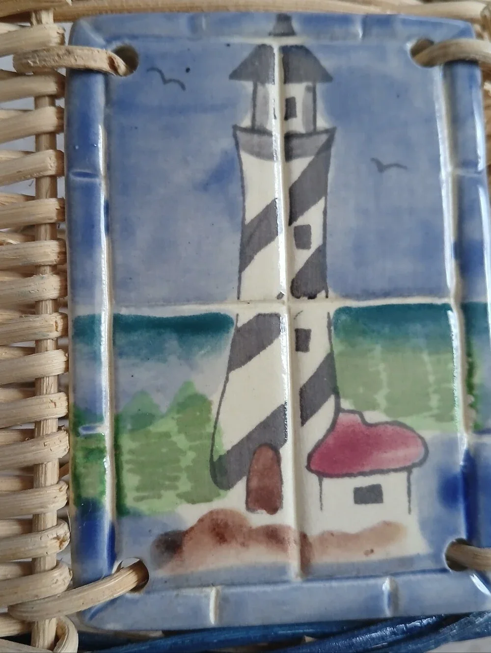 Woven Basket Nautical Ceramic Tiles Lighthouse Sailboat Coastal Decor Storage